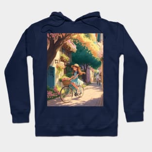 A cute girl explores a lively street on her bicycle. Hoodie